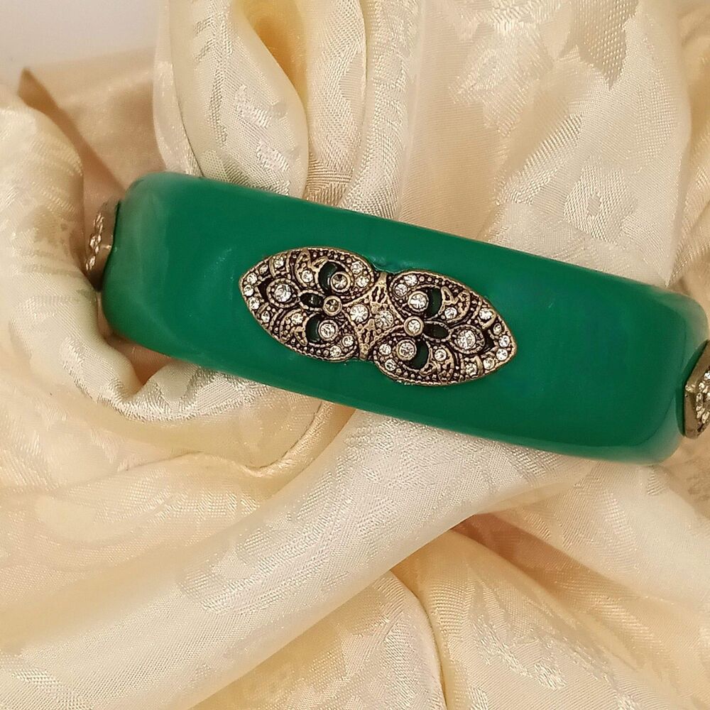 Vintage Bangle Bracelet Edwardian Filigree Rhinestones Green Acrylic Premier